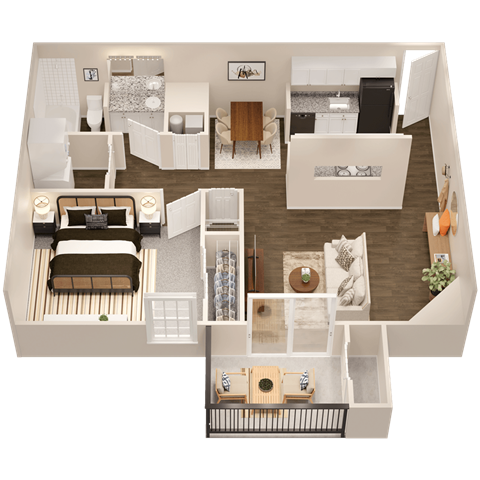 a 3d floor plan of a bedroom with a bed and a living room